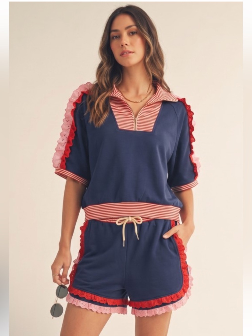 849. Coastal striped ruffle short sleeve shorts set